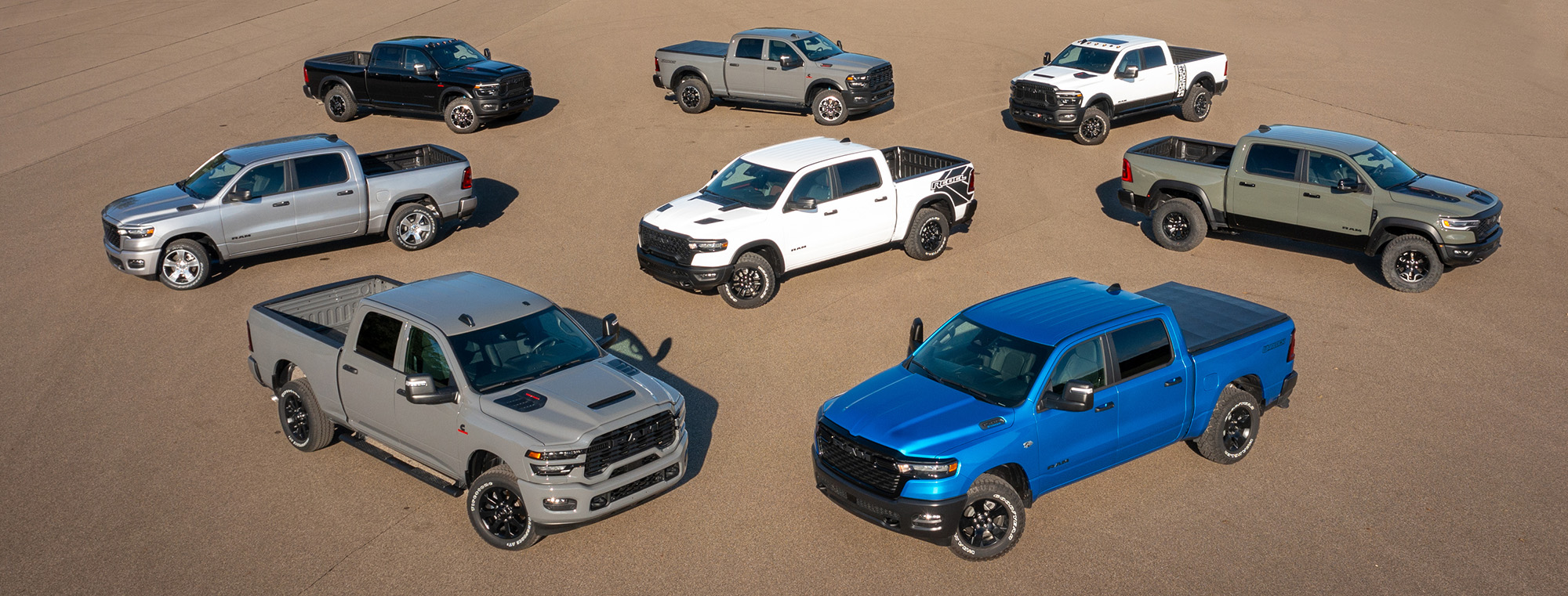 2026 Ram UK 1500 and 2500 sport and off-road truck pack shot Dodge RAM UK - 2026 RAM Lineup